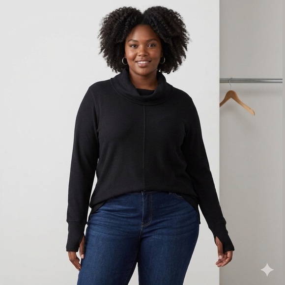 AnyBody Tops - AnyBody X Large Black Loungewear Tunic Top Cowl Neck Waffle Knit Long Sleeve XL
